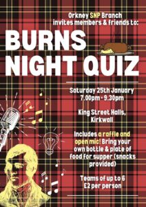 Poster advertising the SNP Burns Night Quiz in Orkney